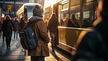 Back view of a young man with a backpack waiting for a tram. AI Generated. photo