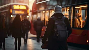 Back view of young man with backpack standing in front of public transport. AI Generated. photo