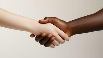 African American and Caucasian hands holding each other on white background, closeup. AI Generated. photo