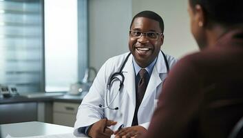 africano americano masculino médico hablando a paciente en clínica. cuidado de la salud y médico servicio. ai generado. foto