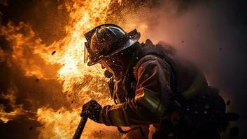 bombero luchando un fuego con un fuego manguera en un ardiente edificio. ai generado. foto