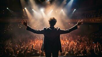 posterior ver de un hombre con elevado manos en frente de un concierto salón. ai generado. foto