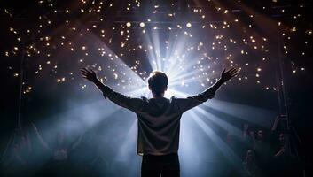 Rear view of man with hands raised in front of stage lights. AI Generated. photo