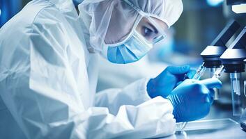 scientist working with microscope and test tube in laboratory. science background. AI Generated. photo