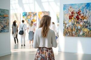 Rear view of young woman looking at artworks in art gallery. AI Generated. photo