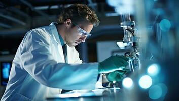 scientist working with microscope in laboratory, science research and development concept. AI Generated. photo