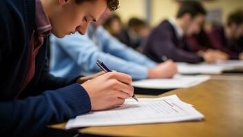 High school students writing in notebook in classroom. Education and learning concept. AI Generated. photo