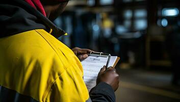 Close-up of worker writing on clipboard in warehouse. Selective focus. AI Generated. photo