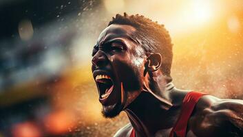 Young african american sportsman screaming in the rain. Sports concept. AI Generated. photo