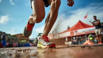 Runner athlete running on race track. Healthy lifestyle and fitness concept. AI Generated. photo