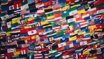 Background of many different flags. The concept of the international community. AI Generated. photo