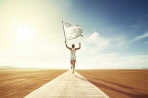 Young woman holding a white flag and jumping on the road with sunlight. AI Generated. photo
