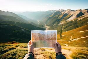 Hiker looking at a map in the mountains. Travel concept. AI Generated. photo