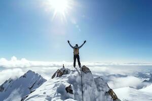 successful climber with arms raised standing on top of a snowy mountain. AI Generated. photo