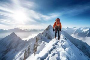 caminante en invierno montañas alpinismo en parte superior de un montaña con raquetas de nieve ai generado. foto