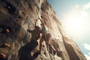 Young woman climbing up on a rock wall and looking at the sun. AI Generated. photo