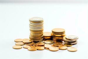 Pile of gold coins on white background, business and finance concept. AI Generated. photo