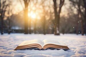 Open book in the snow in the park in the winter at sunset. AI Generated. photo