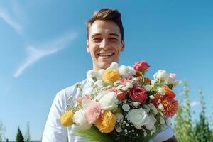 Young man with a bouquet of flowers on a background of blue sky. AI Generated. photo