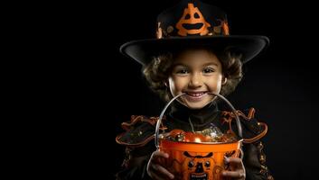 Little boy in costume of witch with bucket of candies for Halloween. AI Generated. photo