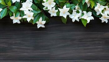 blanco jazmín flores en negro de madera antecedentes con Copiar espacio. ai generado. foto