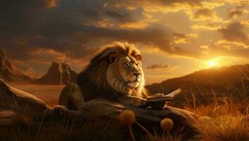 Lion reading a book in the mountains at sunset,. AI Generated. photo