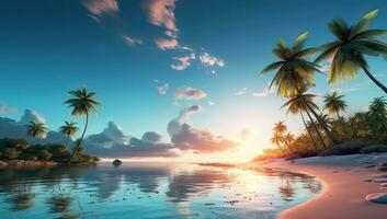 tropical playa con palma arboles a puesta de sol. ai generado. foto