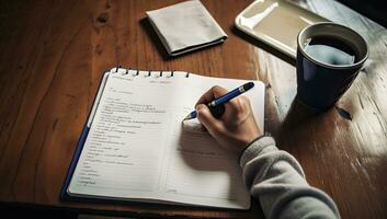 hombre escritura en un cuaderno con un taza de café en el mesa. ai generado. foto