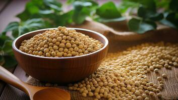 Soybeans in wooden bowl on sackcloth and spoon on wooden table. AI Generated. photo