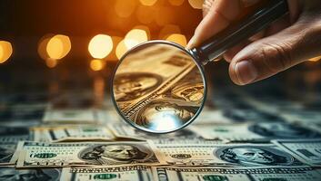 Hand holding magnifying glass over dollar banknotes with bokeh background. AI Generated. photo