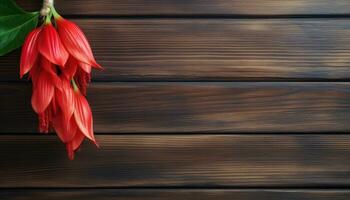 Red flowers on brown wooden background. Copy space for your text. AI Generated. photo