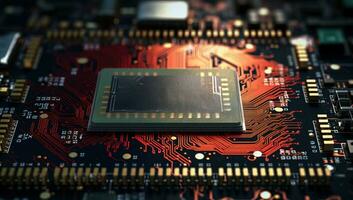 Close-up of electronic circuit board with processor. Technology background. AI Generated. photo