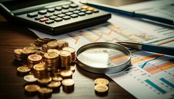 Business still life with coins, calculator and magnifying glass on table. AI Generated. photo