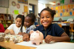 retrato de sonriente africano americano niña con cerdito banco en aula. ai generado. foto