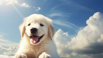 Golden Retriever puppy on the background of blue sky with clouds. AI Generated. photo