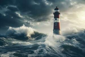 Lighthouse in the sea. Dramatic sky. AI Generated. photo