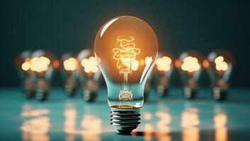 Light bulb on blue background with bokeh effect. AI Generated. photo