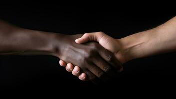 Close up of black man and woman shaking hands, on black background. AI Generated. photo