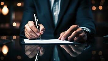 Businessman signing a contract, close-up. Business concept. AI Generated. photo