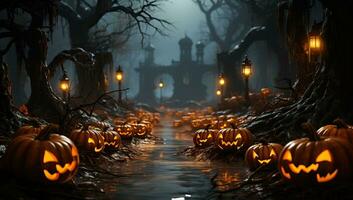 Halloween background with pumpkins on dark foggy forest. AI Generated. photo