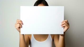 Woman holding a blank sheet of paper in front of her face. AI Generated. photo
