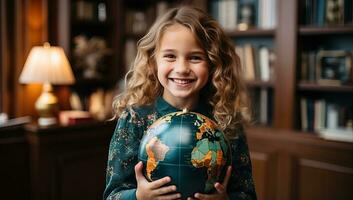 Smiling little girl holding a globe and looking at camera in library. AI Generated. photo