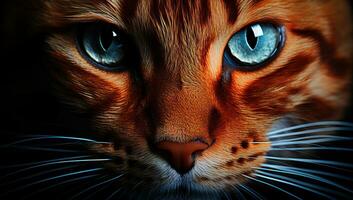 Close-up portrait of a red cat with blue eyes on a black background. AI Generated. photo