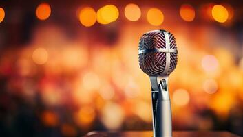 Retro microphone on stage with bokeh background, closeup. AI Generated. photo