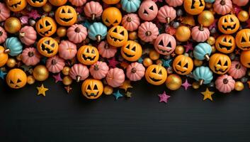 Halloween background with pumpkins and candies. Top view with copy space. AI Generated. photo