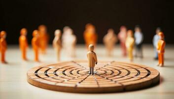 Miniature people - Businessman standing on dart board with target. Leadership and management concept. AI Generated. photo