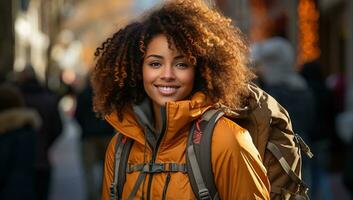 joven africano americano mujer con afro peinado y mochila en el ciudad. ai generado. foto