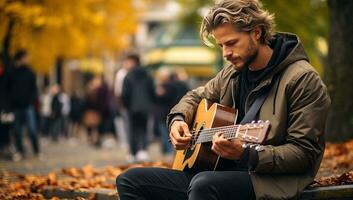 hermoso hombre jugando el guitarra en el otoño parque. calle músico. ai generado. foto