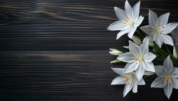 White lily flowers on wooden background. Top view with copy space. AI Generated. photo