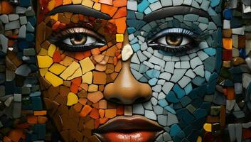 retrato de un hermosa joven mujer con multicolor mosaico rostro. ai generado. foto